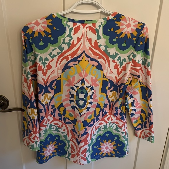 J. McLaughlin luxe pink, blue, green, yellow & white symmetrical top, size M - Picture 6 of 6